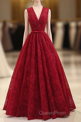 Burgundy V Neck Lace Long Evening Prom Dresses, Burgundy Evening Dresses