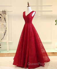 Burgundy V Neck Lace Long Evening Prom Gown Burgundy Evening Dresses