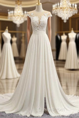 Front Slit Appliques Chiffon A-line Wedding Dresses