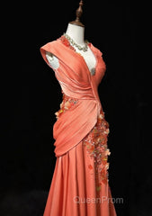 Bright Orange Mermaid V-Neck Satin Beaded Long Evening Prom Dresses Sequined Evening Gown