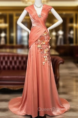 Bright Orange Mermaid V-Neck Satin Beaded Long Evening Prom Dresses Sequined Evening Gown