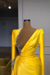 Bright Yellow V-neck Metallic Sequin Long sleeves Evening Prom Dresses