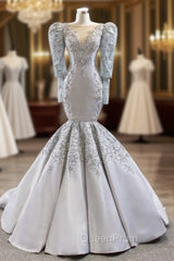 Brilliant Silver Gray Mermaid Satin Long Sleeve Appliques Beading Evening Prom Dresses