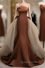 Brown Mermaid Satin Tulle Evening Prom Dresses
