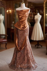 Brown Mermaid Strapless Sequins Satin Evening Prom Dresses