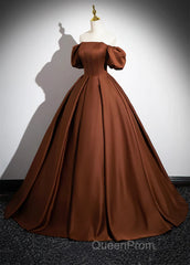 Brown Satin A-Line Short Sleeves Party Dresses, Simple Satin Evening Prom Dresses Evening Dresses