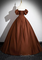 Brown Satin A-Line Short Sleeves Party Dresses, Simple Satin Evening Prom Dresses Evening Dresses