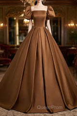 Brown Satin A-Line Short Sleeves Party Dresses, Simple Satin Evening Prom Dresses Evening Dresses
