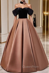 Brown Satin And Black Velvet Evening Prom Dresses, Off Shoulder A-Line Party Dresses