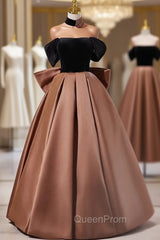 Brown Satin Black Velvet Off the Shoulder Evening Prom Dresses