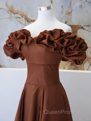 Brown Satin Off Shoulder A-Line Evening Prom Dresses, Brown Satin Evening Dresses Formal Dresses