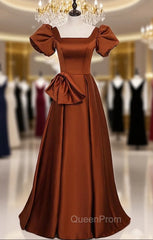 Brown Satin Square Puff Sleeve Bow Evening Prom Dresses