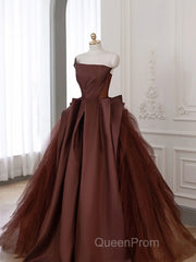 Brown Satin Tulle Long Evening Prom Gown, Brown Long Evening Dresses