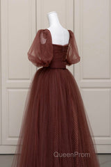 Brown Tulle Floor Length Evening Prom Dresses, A-Line Short Sleeve Evening Party Dresses