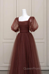 Brown Tulle Floor Length Evening Prom Dresses, A-Line Short Sleeve Evening Party Dresses