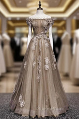 Brown Tulle Off the Shoulder Long Evening Prom Dresses