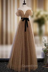 Brown Wave Point Tulle Off the Shoulder Evening Prom Dresses