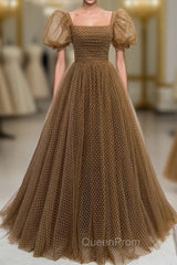 Brown Wave Point Tulle Puff Sleeve Evening Prom Dresses