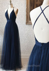 Simple Tulle Long Evening Prom Dresses, A Line Backless Evening Dresses