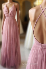 Simple Tulle Long Evening Prom Dresses, A Line Backless Evening Dresses