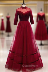 Burgund Tulle Velvet Half Sleeve Beading Evening Prom Dresses