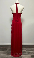 Burgundy A-Line Halter V Neck Chiffon Backless Evening Prom Dresses,Bridesmaid Dresses With Ankle Length