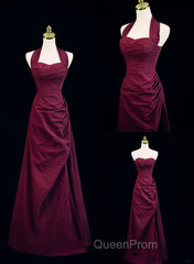 Burgundy A-Line Halter Vintage Style Evening Prom Dresses, Burgundy Long Evening Dresses