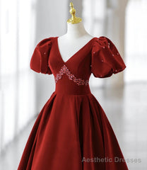 Burgundy A Line Puff Sleeves Velvet Long Prom Dress Evening Dress