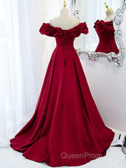 Burgundy A-Line Satin Long Evening Prom Dresses, Burgundy Formal Evening Dresses