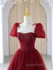 Burgundy A line tulle beads long Evening Prom Dresses burgundy formal Dresses