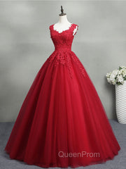 Burgundy A-Line Tulle Lace Long Evening Prom Dresses, Burgundy Evening Dresses