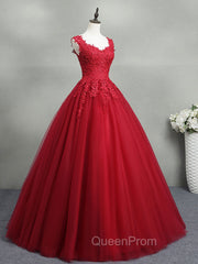 Burgundy A-Line Tulle Lace Long Evening Prom Dresses, Burgundy Evening Dresses