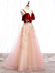Burgundy A-line Tulle Lace Long Evening Prom Dresses Tulle Evening Dresses
