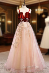Burgundy A-line Tulle Lace Long Evening Prom Dresses Tulle Evening Dresses