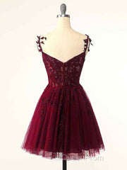 Burgundy A-Line Tulle Lace Short Evening Prom Dresses, Cute Burgundy Homecoming Dresses