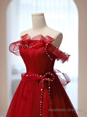 Burgundy A-Line Tulle Long Prom Dress, Burgundy Tulle Formal Dress