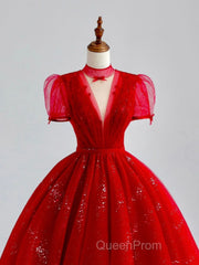 Burgundy A-Line Tulle Sequin Long Evening Prom Dresses, Burgundy Formal Dresses