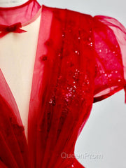 Burgundy A-Line Tulle Sequin Long Evening Prom Dresses, Burgundy Formal Dresses