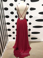 Burgundy A Line V Neck Backless Lace Tulle Long Evening Prom Dresses, Burgundy Lace Formal Dresses, Burgundy Evening Dresses