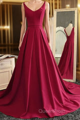 Burgundy A Line V Neck Sweep Train Open Back Satin Long Evening Prom Dresses, V Neck Burgundy Formal Dresses, Backless Evening Dresses