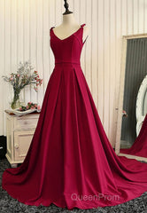 Burgundy A Line V Neck Sweep Train Open Back Satin Long Evening Prom Dresses, V Neck Burgundy Formal Dresses, Backless Evening Dresses