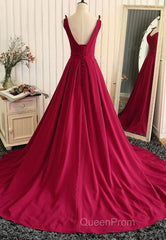 Burgundy A Line V Neck Sweep Train Open Back Satin Long Evening Prom Dresses, V Neck Burgundy Formal Dresses, Backless Evening Dresses