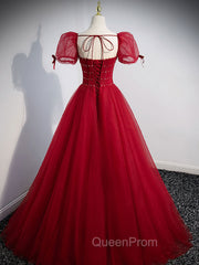 Burgundy Aline Tulle Beads Long Evening Prom Dresses, Burgundy Evening Dresses