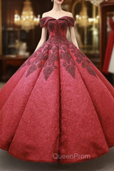 Burgundy Ball Gown Lace Off the Shoulder Appliques Beading Evening Prom Dresses