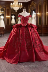 Burgundy Ball Gown Satin Sequins Evening Prom Dresses