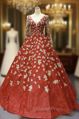 Burgundy Ball Gown Sequins Appliques Deep V-neck Long Sleeve Evening Prom Dresses