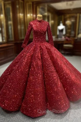 Burgundy Ball Gown Sequins Long Sleeve High Neck Evening Prom Dresses