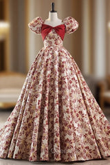 Burgundy Ball Gown Square Puff Sleeve Evening Prom Dresses