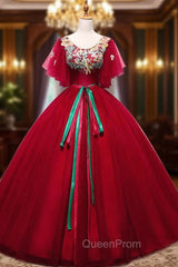 Burgundy Ball Gown Tulle Appliques Quinceanera Dresses With Sash