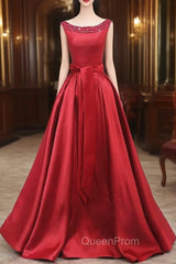 Burgundy Bateau Satin Beading Evening Prom Dresses
